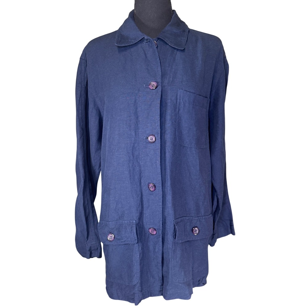 NY&CO Navy Blue Linen Blend Chore Jacket Women's Medium Button Up Utility Coat